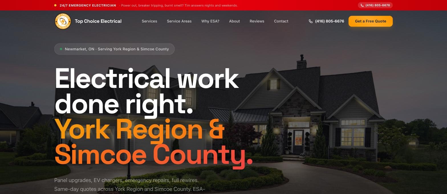 A screenshot of the live Top Choice Electrical homepage, built by StayBookt